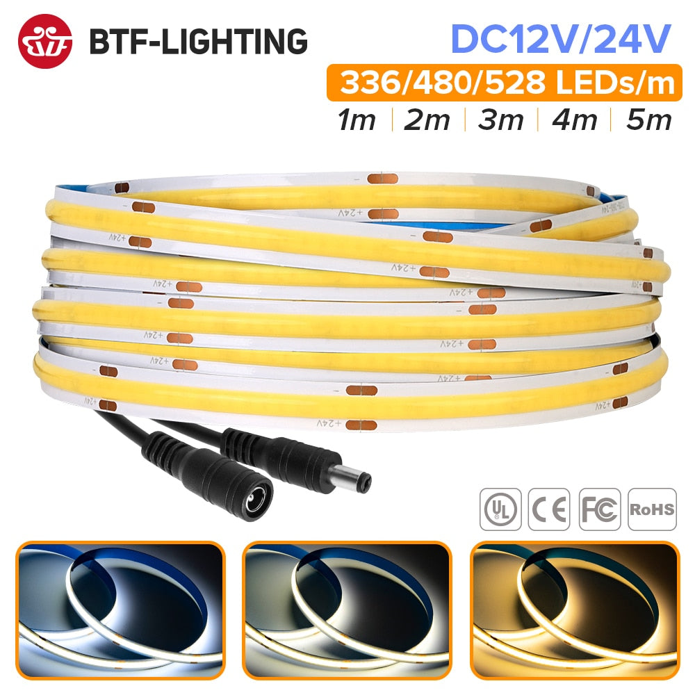 FCOB COB Dimmable LED Strip Light 336 480 528 LED High Density Uniform Warm Nature Cool White Linear Dimmable RA90